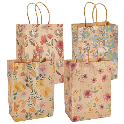 16Pcs 4 Styles Flower Print Paper Bags with Handles ABAG-BBC0001-30-1