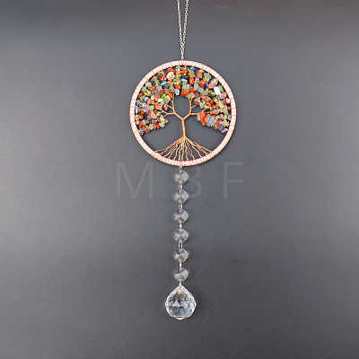 Tree of Life Mixed Gemstone Chip Suncatcher DJEW-PW0017-07-1