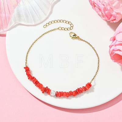 Natural Dyed Freshwater Shell Nuggets Beaded 304 Stainless Steel Cable Chain Anklets for Women AJEW-AN00827-1