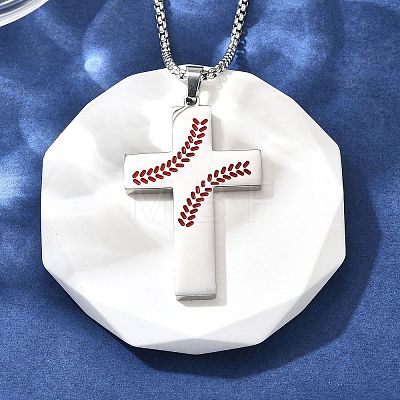 201 Stainless Steel Wheat Cross Pendant Box Chain Necklaces for Women Men NJEW-B124-01P-1