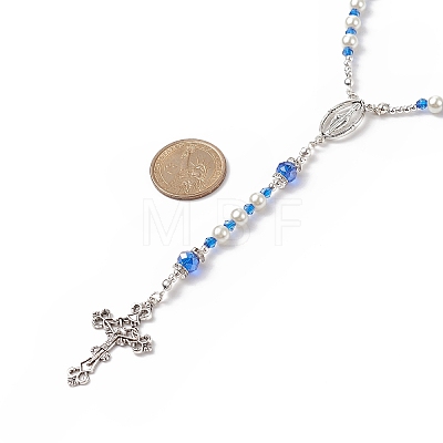 Glass Pearl & Acrylic Rosary Bead Necklace NJEW-TA00041-01-1