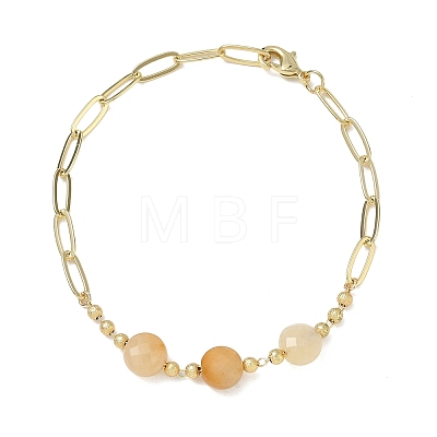 Natural Yellow Aventurine Faceted Flat Round Beaded Brass Paperclip Chain Bracelets GG-CBA37F5-02G-07-1