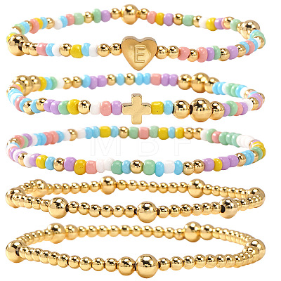 Summer Stainless Steel Heart Alphabet Colorful Glass Seed Beaded Stretch Bracelet Sets JV8929-5-1