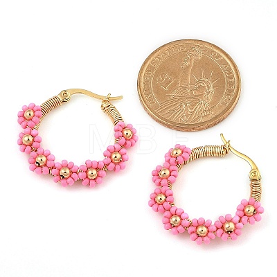 304 Stainless Steel & Bohemian Beaded Flower Hoop Earrings for Women EJEW-R001-02G-03-1