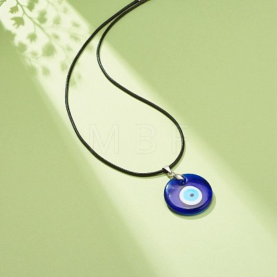 Blue Lampwork Evil Eye Pendant Necklace with Waxed Cord for Women NJEW-JN03955-04-1