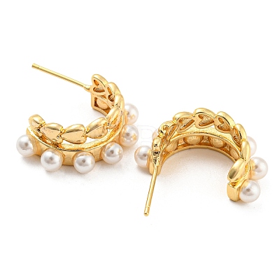 Rack Plating Brass Heart Stud Earrings with Plastic Pearl EJEW-A028-31G-1