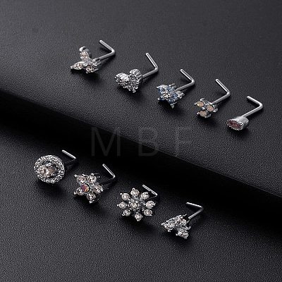 316L Surgical Stainless Steel Light Sky Blue Cubic Zirconia L-Shaped Nose Rings WG135CD-13-1