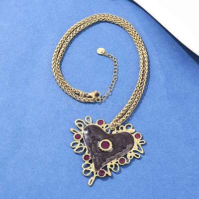 304 Stainless Steel Enamel Heart Pendant Wheat Chain Necklaces NJEW-P430-04B-G-1