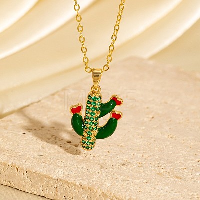 Cinco de Mayo Brass Micro Pave Cubic Zirconia Enamel Cactus Pendant Necklaces FS-WG8A002-02-1