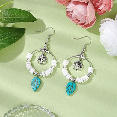 Natural Sea Shell Beads and Synthetical Dyed Turquoise Leaf Pendants Earrings EJEW-JE05921-1