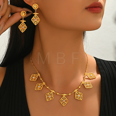 Vintage Ethnic Style Alloy Zircon Hollow Floral Filigree Charm Necklace & Stud Earring Sets for Women JI8843-1
