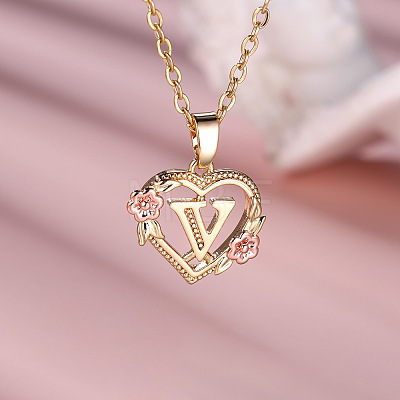Brass Rose Flower Heart with Letter Pendant Necklaces FS-WGF6950-22-1