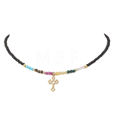 2Pcs 2 Colors 304 Stainless Steel Cross Pendant Natural Ruby & Golden Sheen Obsidian & Rose Quartz & Malachite & Yellow Opal Round & Electroplated Glass Rondelle Beaded Necklaces for Women NJEW-JN05611-1