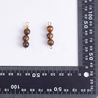10Pcs Triple Natural Tiger Eye Round Beaded Connector Charms PALLOY-SW00003-06-1
