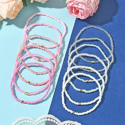 Pink Color Palette Gradient Color Glass Seed Beaded Stretch Bracelet Sets BJEW-MZ00102-01-1