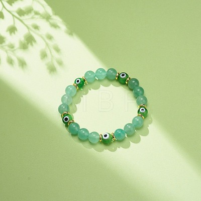 Natural Green Aventurine & Lampwork Evil Eye Round Beaded Stretch Bracelet BJEW-JB08713-07-1