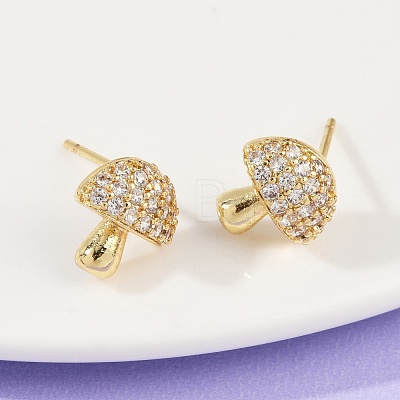 Mushroom Brass Micro Pave Clear Cubic Zirconia Stud Earrings EJEW-F895-17G-1