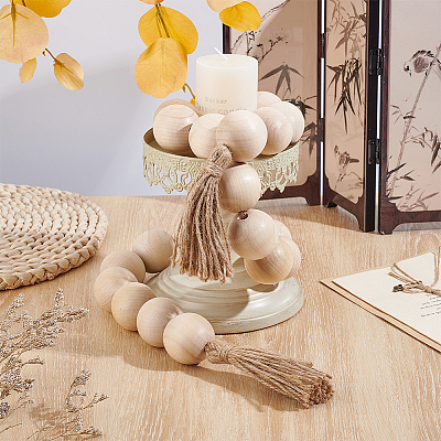 Wood Round Bead with Jute Cord Tassel Display Decorations HJEW-PH02453-1