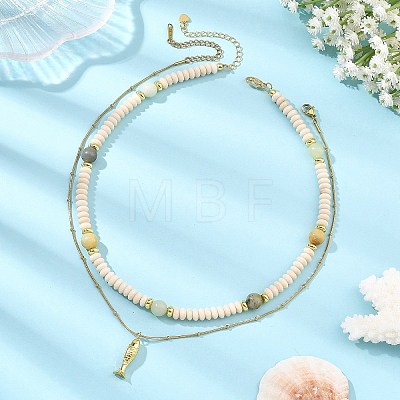 Brass Fish Pendant Natural Butter Jade and Petrified Wood Beaded Double Layer Necklaces NJEW-JN06688-1