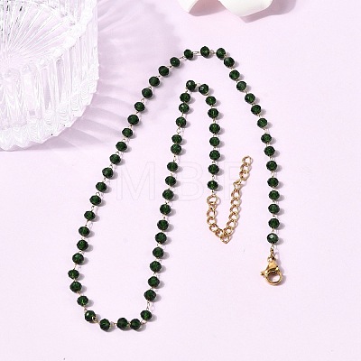 304 Stainless Steel with Glass Faceted Rondelle Bead Handmade Link Chain Birth Stone Necklaces for Women NJEW-G195-01G-09-1