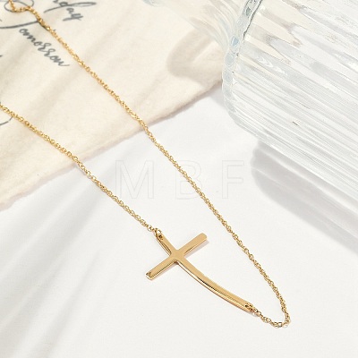 Ion Plating(IP) 304 Stainless Steel Religion Curved Cross Pendant Cable Chain Necklaces for Women NJEW-P320-13G-1