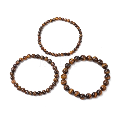 3Pcs Round Natural Tiger Eye Beads Stretch Bracelets BJEW-JB10964-1