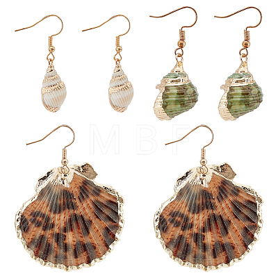 3 Pairs 3 Styles Natural Shell Dangle Earrings EJEW-AN0002-76-1
