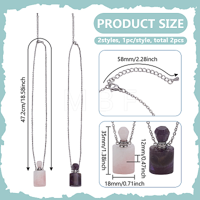 2Pcs 2 Styles Natural Rose Quartz and Amethyst Perfume Bottle Necklaces NJEW-FG0001-18-1