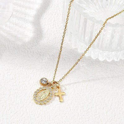 Brass Micro Pave Clear Cubic Zirconia Virgin & 304 Stainless Steel Religion Cross Pendant Necklaces for Men Women NJEW-JN06102-1