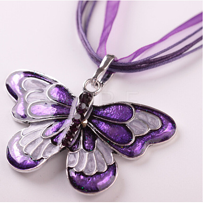 Butterfly Alloy Enamel & Rhinestone Pendant Waxed Cord Necklaces for Women FS-WGA0605-04-1