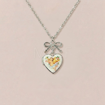 Brass Enamel Bowknot Angel Heart Photo Locket Pendant Necklaces for Women KK-CBAF5B9-03P-1