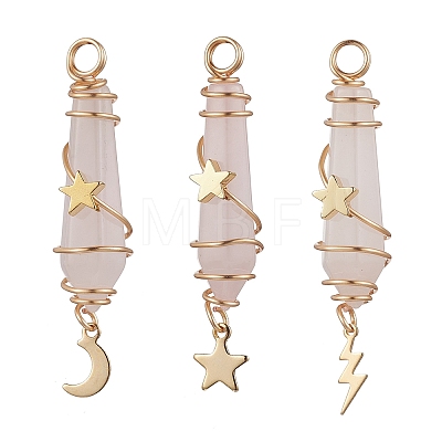 3Pcs 3 Styles Natural Rose Quartz Pointed Copper Wire Wrapped Faceted Bullet Big Pendants PALLOY-JF03572-05-1