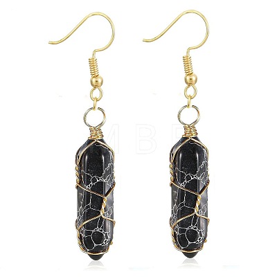 Obsidian Hexagon Handmade Copper Wire Wrapped Earrings Natural Stone Column Earrings ND6138-16-1