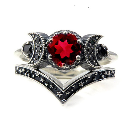 Gothic Purple Crystal Ring with Triple Moon Goddess - Black Diamond Jewelry for Women ST4200344-1