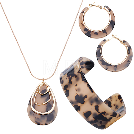 Teardrop Leopard Print Plastic Pendant Necklace & Hoop Earring & Cuff Bangle for Women SJEW-WH0006-10-1
