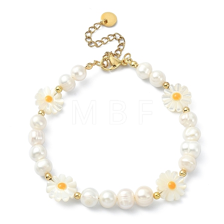 Flower Natural Pearl & Shell Beaded Bracelets for Women BJEW-TA00420-1