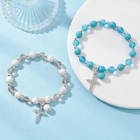 2Pcs Cross Alloy Rhinestone Charm Bracelets BJEW-JB12882-1