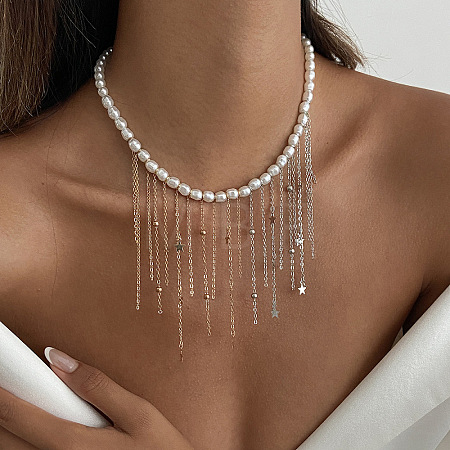 Imitation Pearl Round Beaded Brass & Iron Chain Tassel Bib Necklaces for Women WGAF7CC-03-1