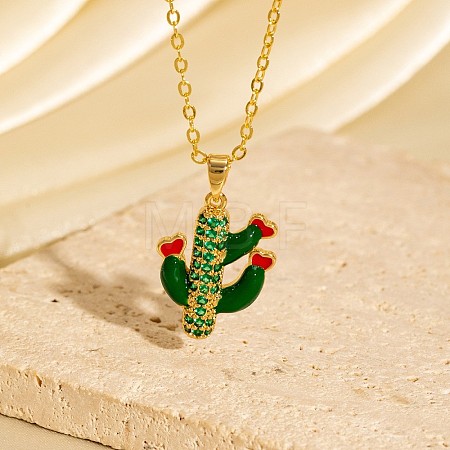 Cinco de Mayo Brass Micro Pave Cubic Zirconia Enamel Cactus Pendant Necklaces FS-WG8A002-02-1