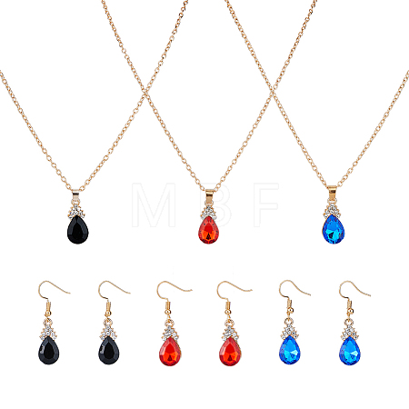 3 Sets 3 Colors Rhinestone Teardrop Dangle Earrings & Pendant Necklace SJEW-FI0001-27-1
