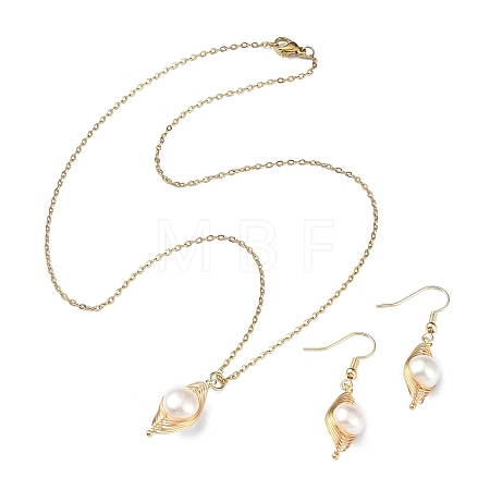 Natural Pearl Pendant Necklace & Dangle Earrings SJEW-JS01276-1