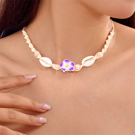 Adjustable Summer Beach Natural Cowrie Shell Wood Round Beads Polymer Clay Flower Twisted Braided Waxed Cord Choker Necklaces for women WG58561-06-1