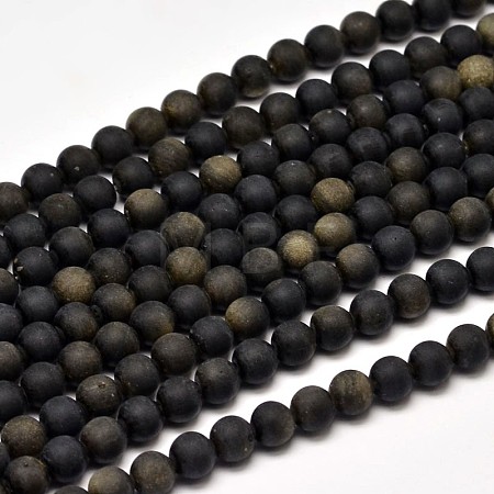 Frosted Natural Golden Sheen Obsidian Round Bead Strands G-F266-04-6mm-1