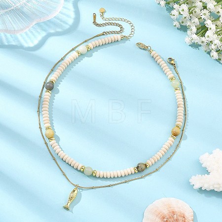 Brass Fish Pendant Natural Butter Jade and Petrified Wood Beaded Double Layer Necklaces NJEW-JN06688-1