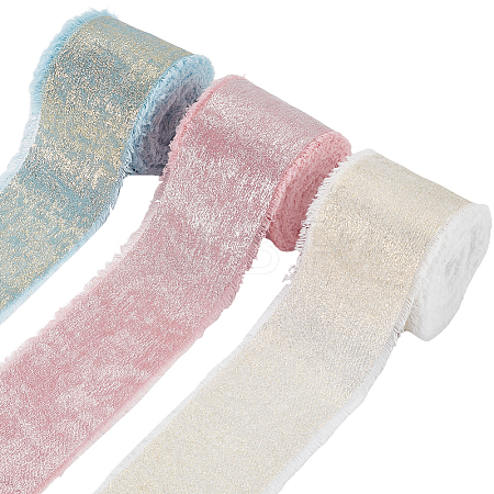 3 Roll 3 Colors Single Face Hot Stamping Polyester Frayed Ribbon OCOR-CP0001-12C-1