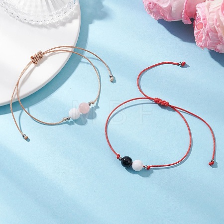 2Pcs Natural Rose Quartz & Eyeless Obsidian 
& Malaysia Jade Beads with Korean Waxed Polyester Cord Bracelets BJEW-JB12887-1