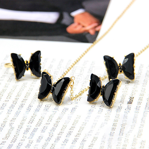 Butterfly Alloy Glass Pendant Necklaces & Stud Earrings & Rings Sets for Women WG31995-22-1