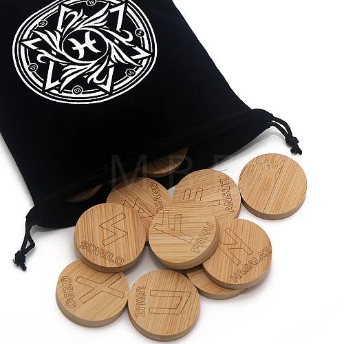 Wood Round Elder Futhark Alphabet Engraved Symbol Rune Stones Sets PW-WG106ED-02-1