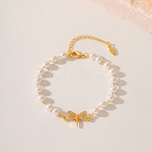 Fashionable Dragonfly Brass Crystal Rhinestone & Imitaiton Pearl Braided Bead Bracelets for Women DV0214-2-1