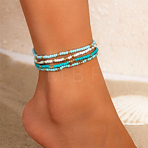 4Pcs Bohemian Style Glass Seed Rondelle Beaded Stretch Anklets for Women WG3334E-02-1